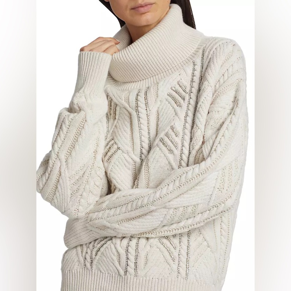 Ramy Brook Annabelle Crystal Cable Knit Sweater Rhinestone Turtleneck Ivory S